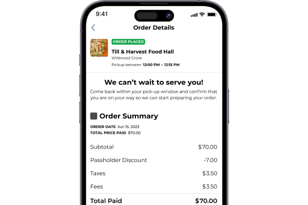Image of a mobile phone screen detailing mobile food ordering at Dollywood