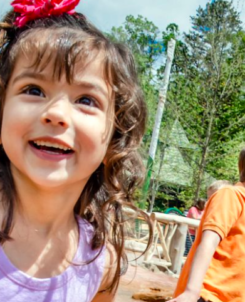 Wildwood Creek at Dollywood play area with children enjoying the pop-jet water features and instruments.