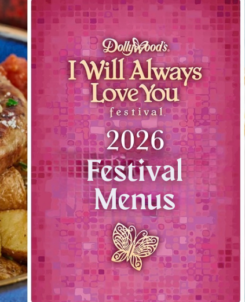 Image that reads Dollywood I Will Always Love You Festival Menus 2026 with two images of food dishes