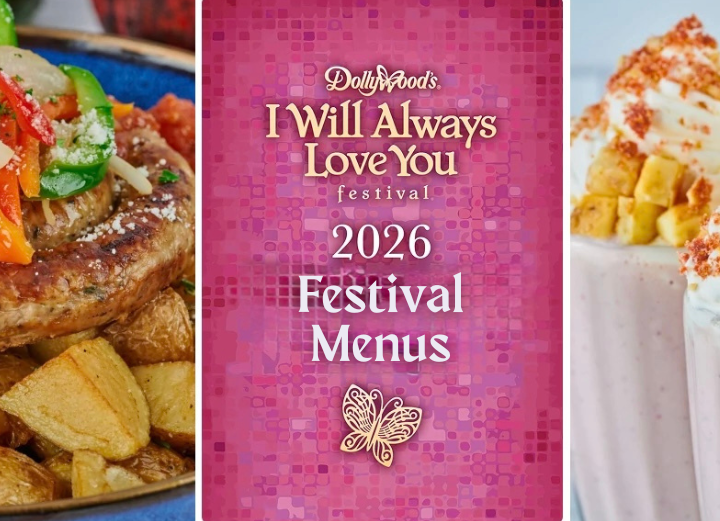 Image that reads Dollywood I Will Always Love You Festival Menus 2026 with two images of food dishes