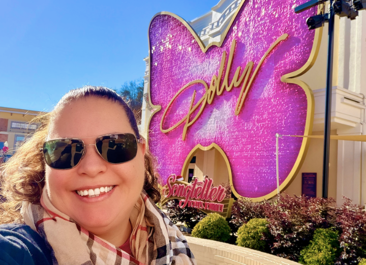Shelley Caran Rides and Rhinestones in front of Dolly Parton Experience at Dollywood